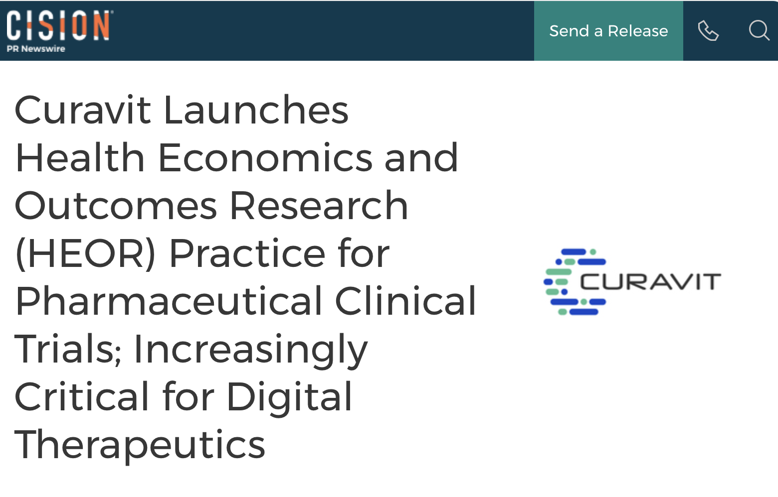 Curavit Launches Health Economics and Outcomes Research (HEOR) Practice for Pharmaceutical Clinical Trials; Increasingly Critical for Digital Therapeutics
